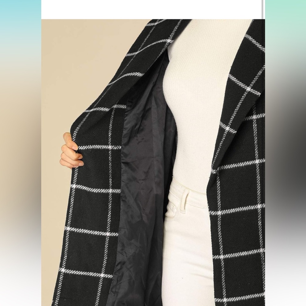 Women's Shawl Collar Check Belted Wrap Plaid Coat with Pockets - Picture 5 of 7